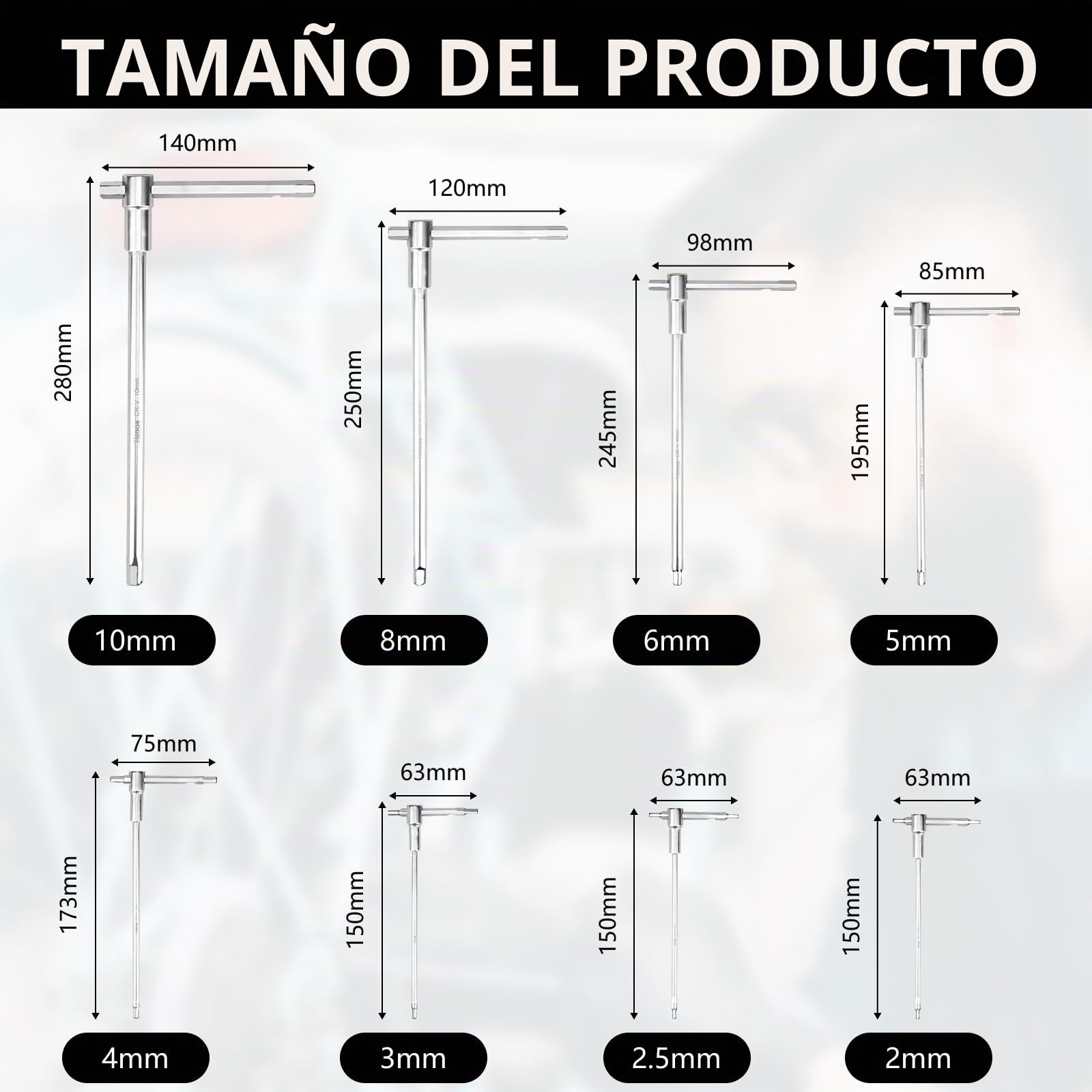 Llave Hexagonal De 8 Piezas, Con HexáGono Interior Y Mango En T Para Montaje Desmontaje Y ReparacióN Acero Al Cromo-Vanadio Crv 2-10 Mm (2/2,5/3/4/5/6/8/10 Mm)