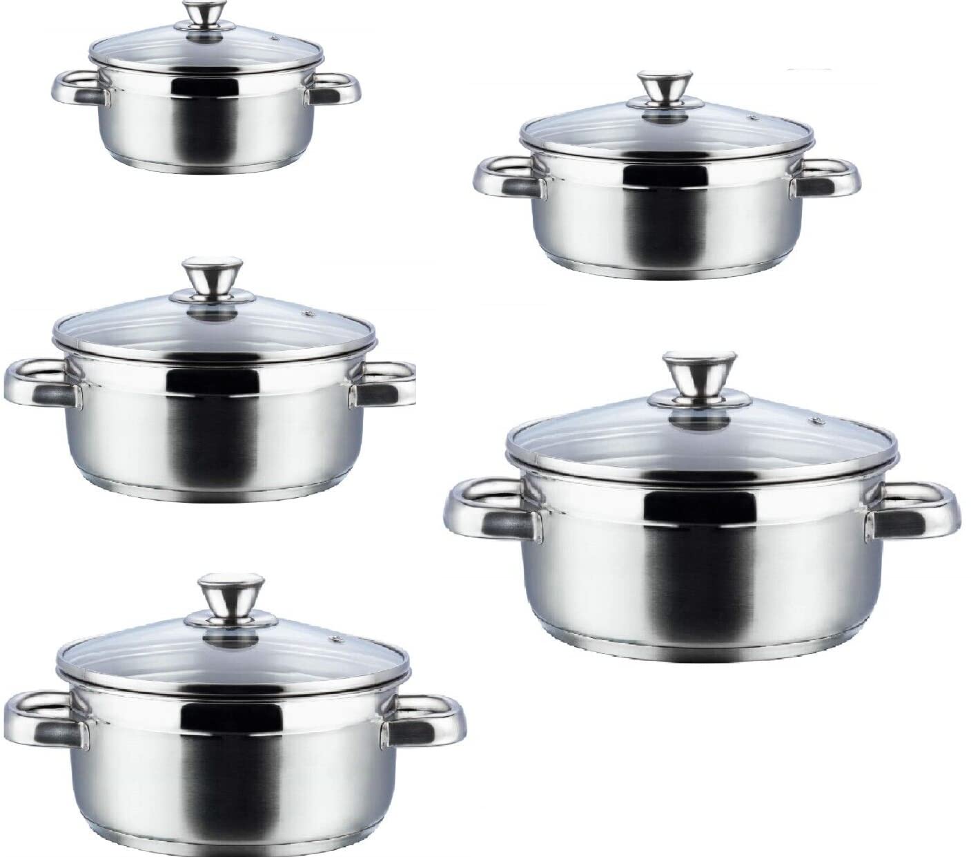 Nobel Stainless Steel Two Tone Casserole with Glass Vented Lid Heat Resistant Short Handles, Ideal for All Hobs. (Set of 5-18,20,22,24,26 cm Diameter)