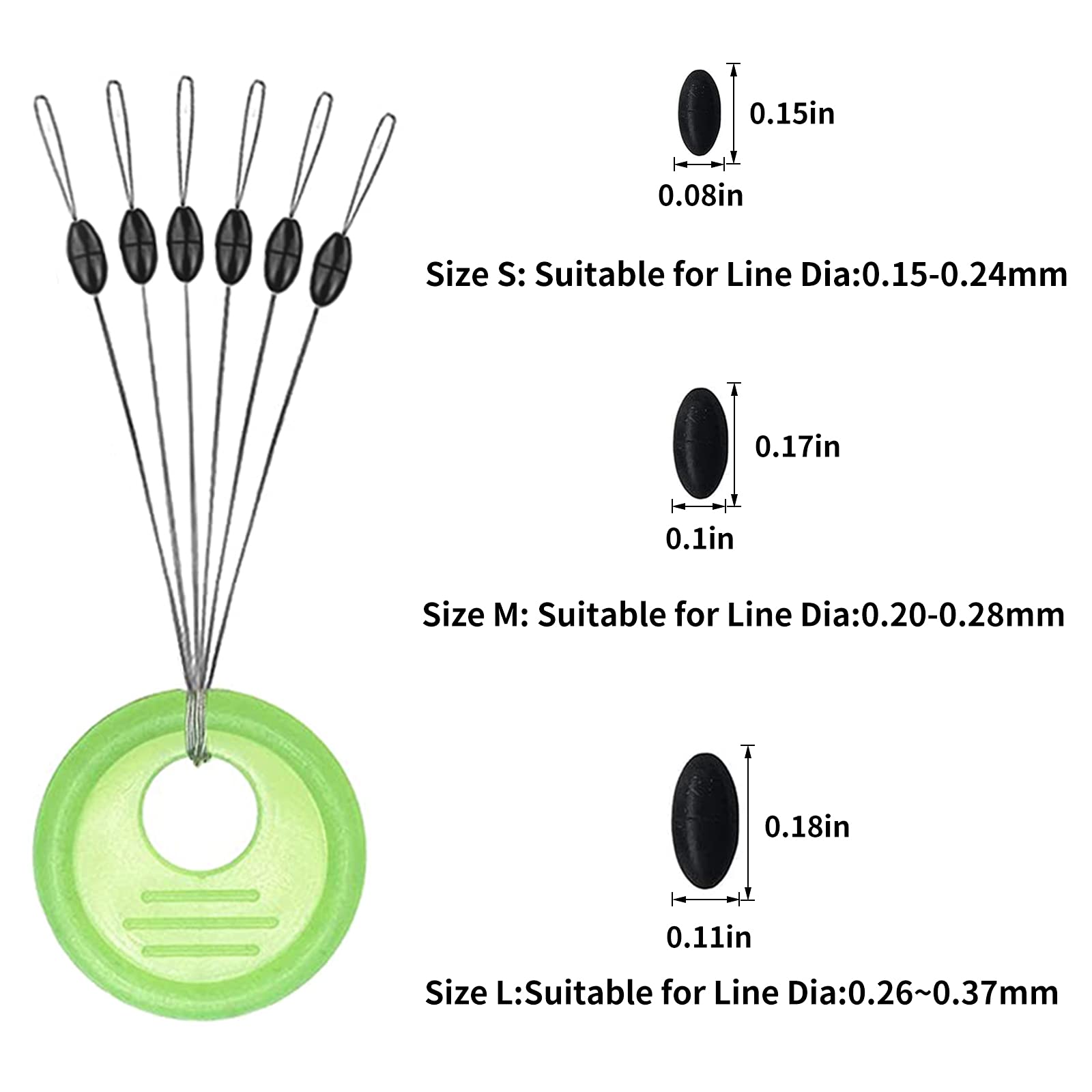 Yonihawk Fishing Bobber Stopper,6 in 1 Rubber Float Sinker Stops,Black Oval CylinderXS,S,M.L Float Stop Available (L 300 Pcs)