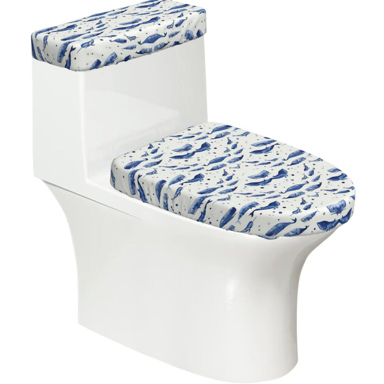 Small Blue Whale Swimming Print Bathroom Decor Toilet Lid Cover And Tank Covers, Restroom Accessories Fits Most Round