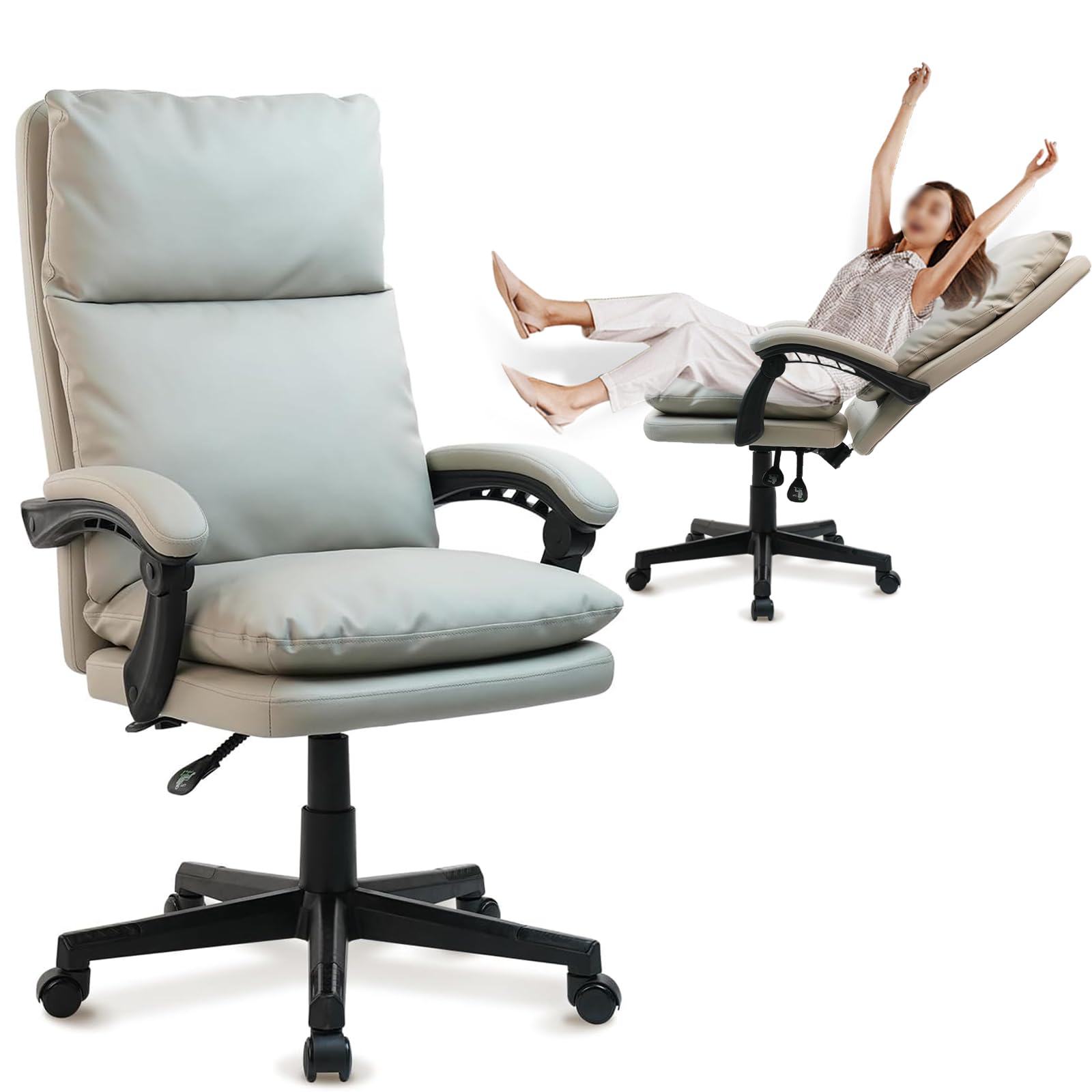 CLATINA Reclining Office Chair, Big and Tall High Back Executive Task Chair, Leather Home Office Desk Chairs with Lumbar Suppor, Ergonomic Computer Comfy Wide Seat Chair, Grey 1Pack