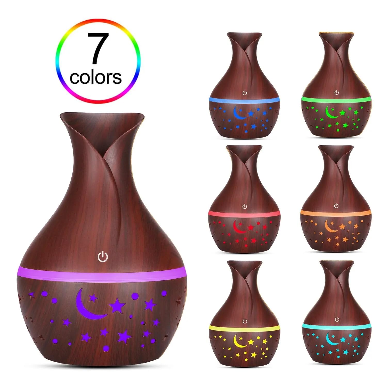 mobigon Wood Cool Mist Ultrasonic Humidifier for Room Moisture, Aroma Diffuser for Home, 200ml Essential Oil Diffuser with 7 Colorful Night Light, Auto Shut-Off, Home, Office, Car (Dark Brown)