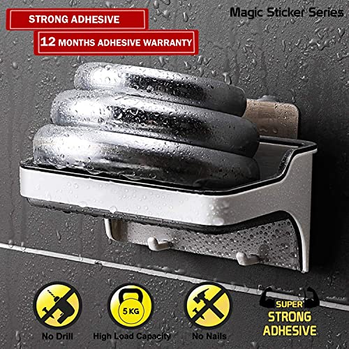 Image of KKD Plastic Self Adhesive Soap Holder Stand /Dish with Hanging Hooks - Wall Mounted, Bathroom Accessories /Organizer
