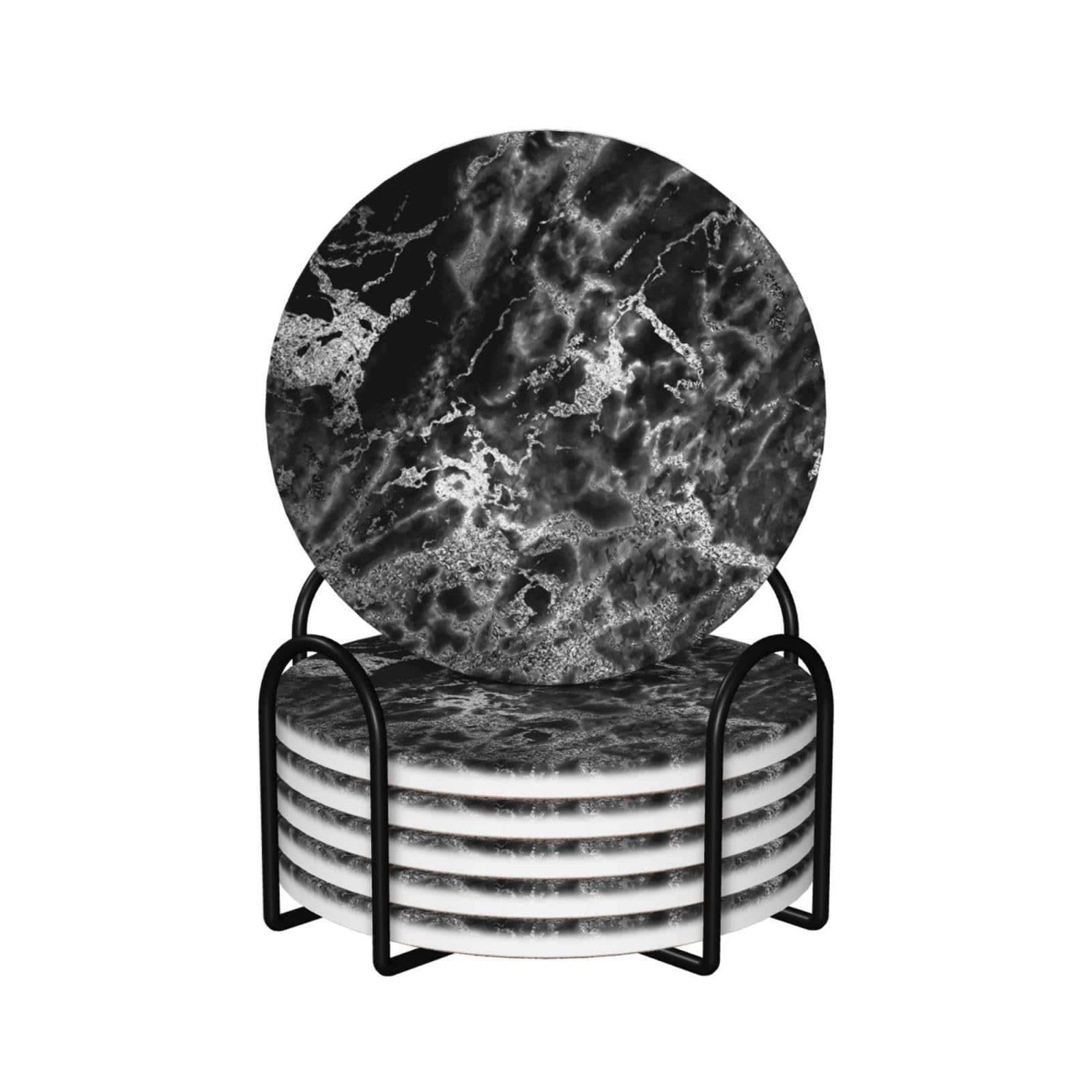 Yxdvpalne As Picture Black Silver Graphite Gray Marble,Round Ceramic Coasters, Mugs Pad, Cups Mat Set Of 6 Drinks Coasters With Holder