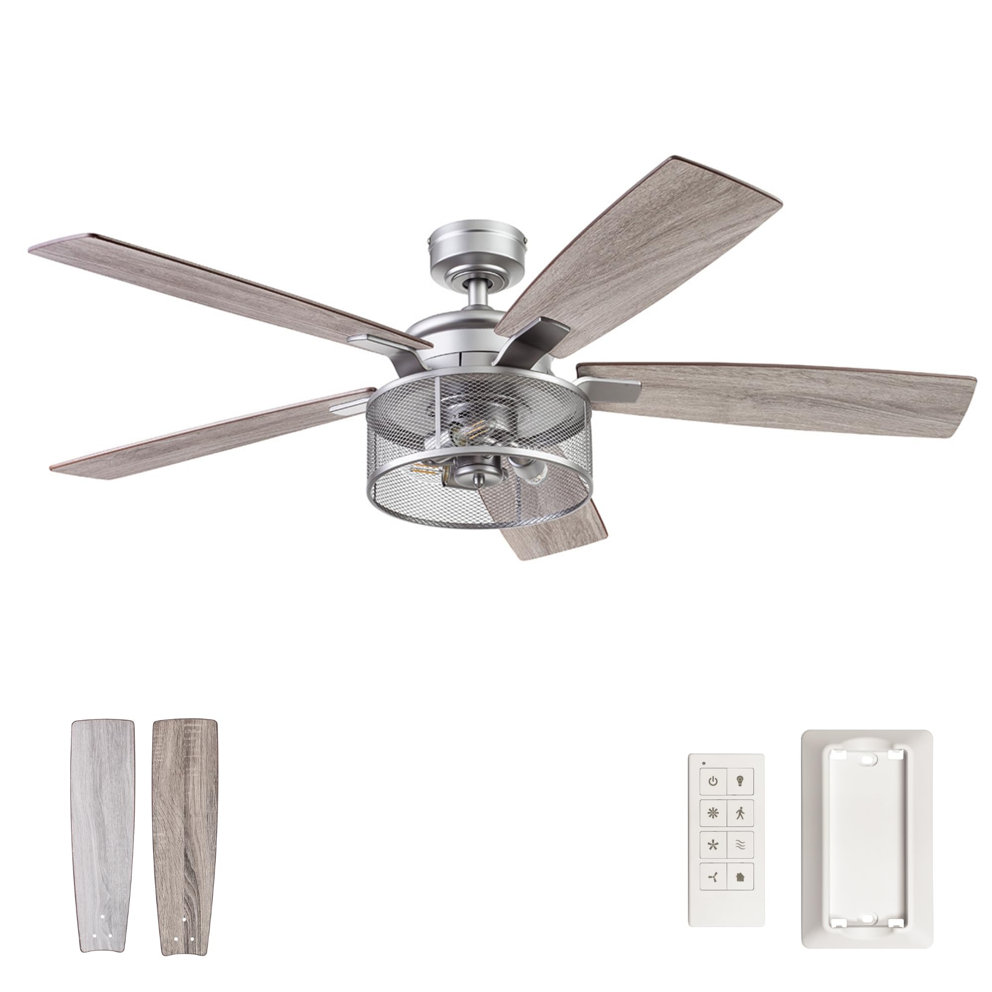 Honeywell Ceiling Fans Carnegie, 52 Inch Industrial Style Indoor LED Ceiling Fan with Light, Remote Control, Dual Mounting Options, 5 Dual Finish Blades, Reversible Airflow - 51460-01 (Silver)