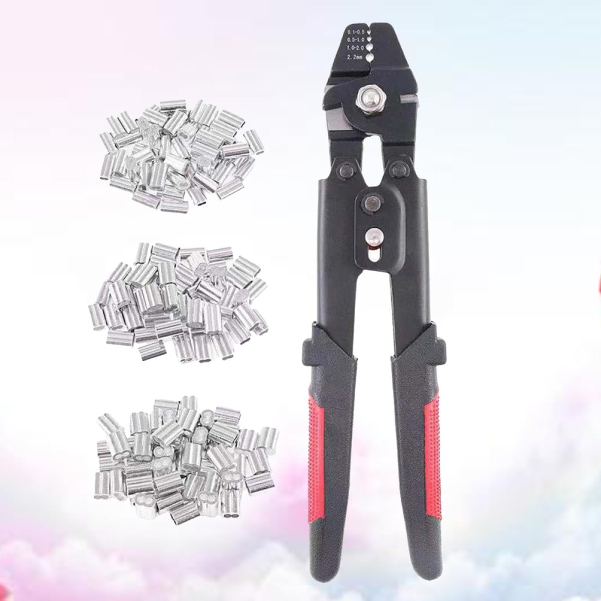 Pinza Crimpatrice per Cavi e 180 Pezzi Manicotti in Alluminio Acciaio al Carbonio con Meccanismo Autobloccante e Impugnatura Antiscivolo per Pesca e Corde