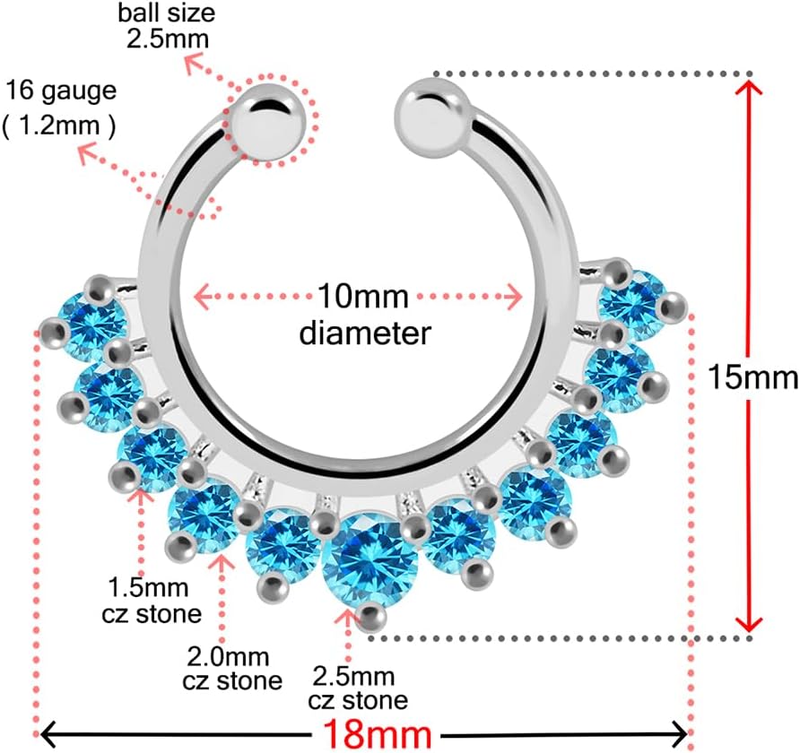Eleven Cz Stones Paved 925 Sterling Silver Hoop Clip on Fake Septum Nose Rings Non Piercing Lip Ear Ring Faux Body Piercing Jewelry