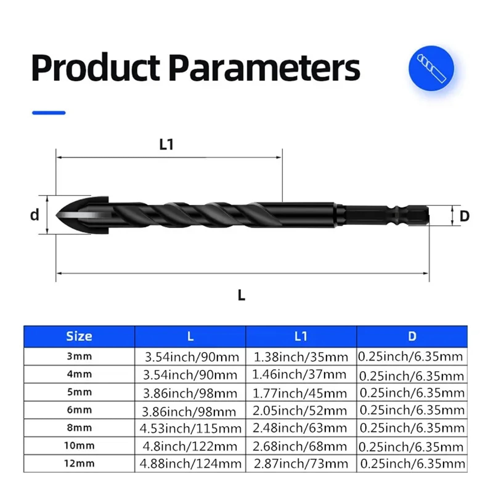 Juego De 10 Brocas De Carburo De Tungsteno For Hormigón, For Perforar Azulejos, Vidrio Y Ladrillos.(12mm)