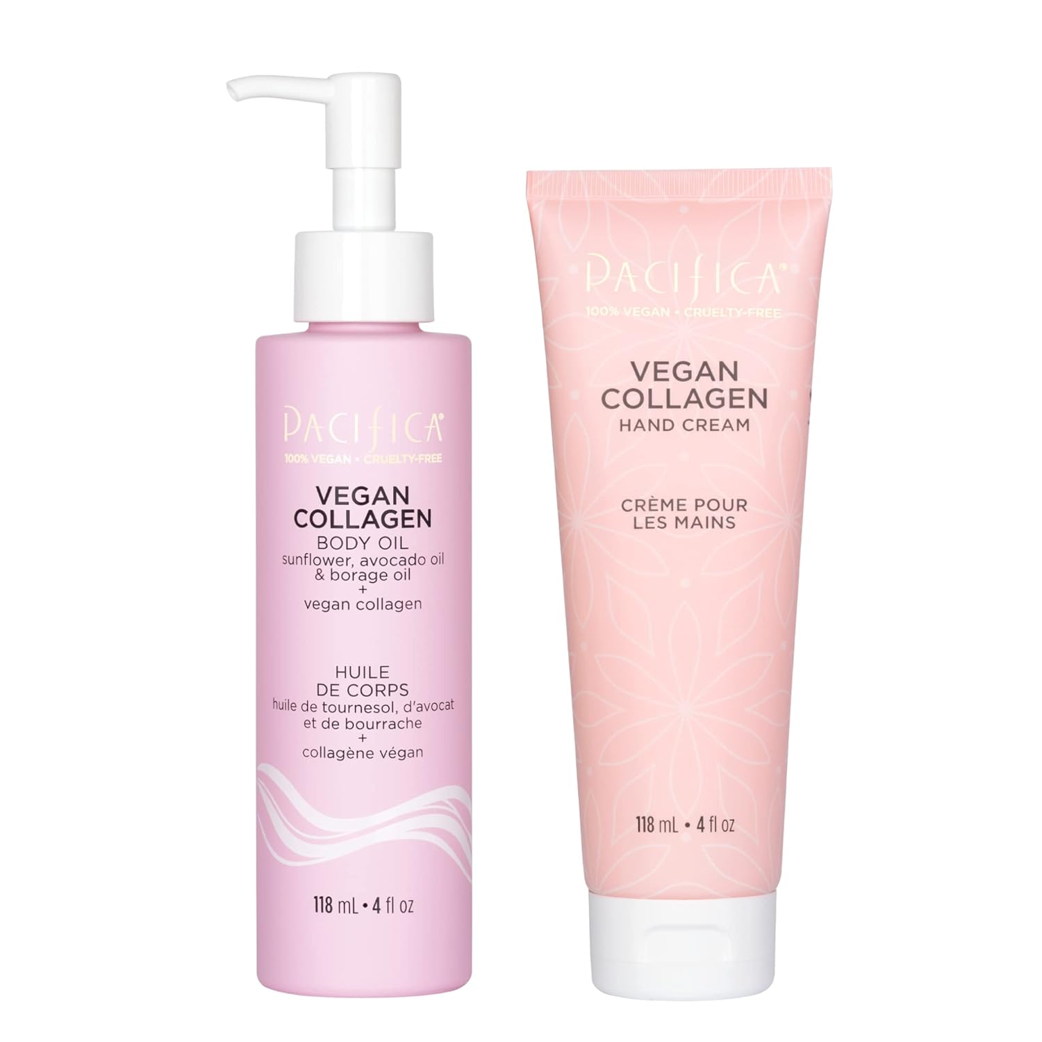 Pacifica Beauty Vegan Collagen Hand Cream and Body Oil with Pump Set, Bath and Body, Shea Butter, Cocoa Butter, Body Massage Oil, For Dry Skin, Skin Care, Body Care, 4 fl oz Each (Set of 2)