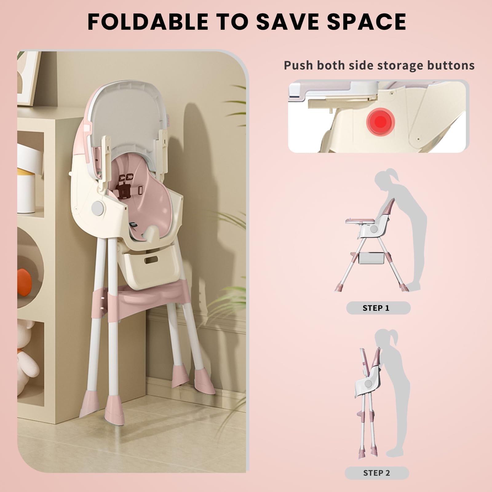 UBRAVOO Trona Evolutiva Bebe Silla de Comedor Plegable 3 en 1 Doble Bandeja de Comida Arnés de Seguridad de 5 Puntos Adecuado Para Niños De 6 a 36 Meses Capacidad de Peso 40KG (Rosa)