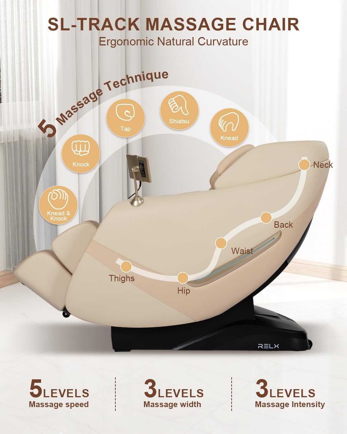 RELX 2026 Massage Chair Full Body, Zero Gravity Airbag Shiatsu Massage Chair with SL-Track, Heating, AI Control, Body Scan, 13 Modes, Foot Rollers, and Deep Yoga Stretch (Beige)