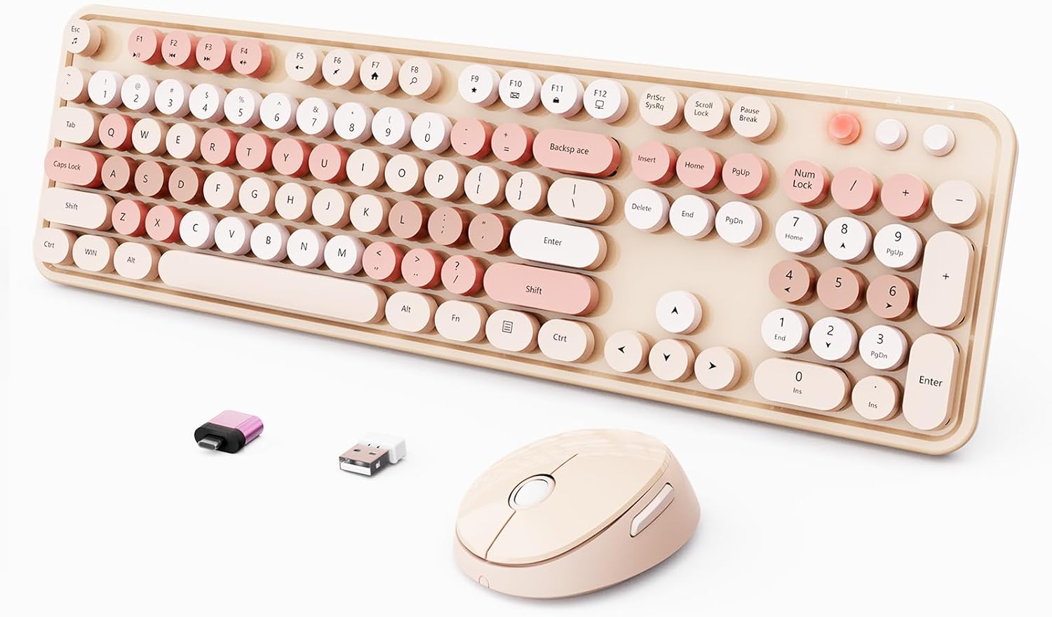 Wireless Keyboard and Mouse Combo, Ergonomic Full Size Typewriter Retro Round Keycaps Keyboard, Compatible with Windows, PC, Perfer for Home and Office Keyboards (Chocolate Color) Lovely Brown