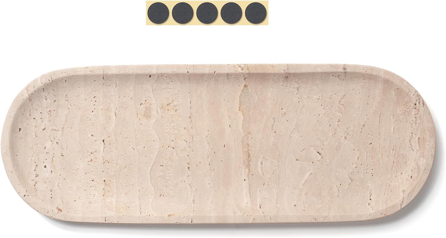 Oval Travertine Stone Tray for Jewelry, Candles, Perfume, Decorative Marble Bathroom Tray for Countertop Organizer 11.8inch x 6inch x 0.7inch