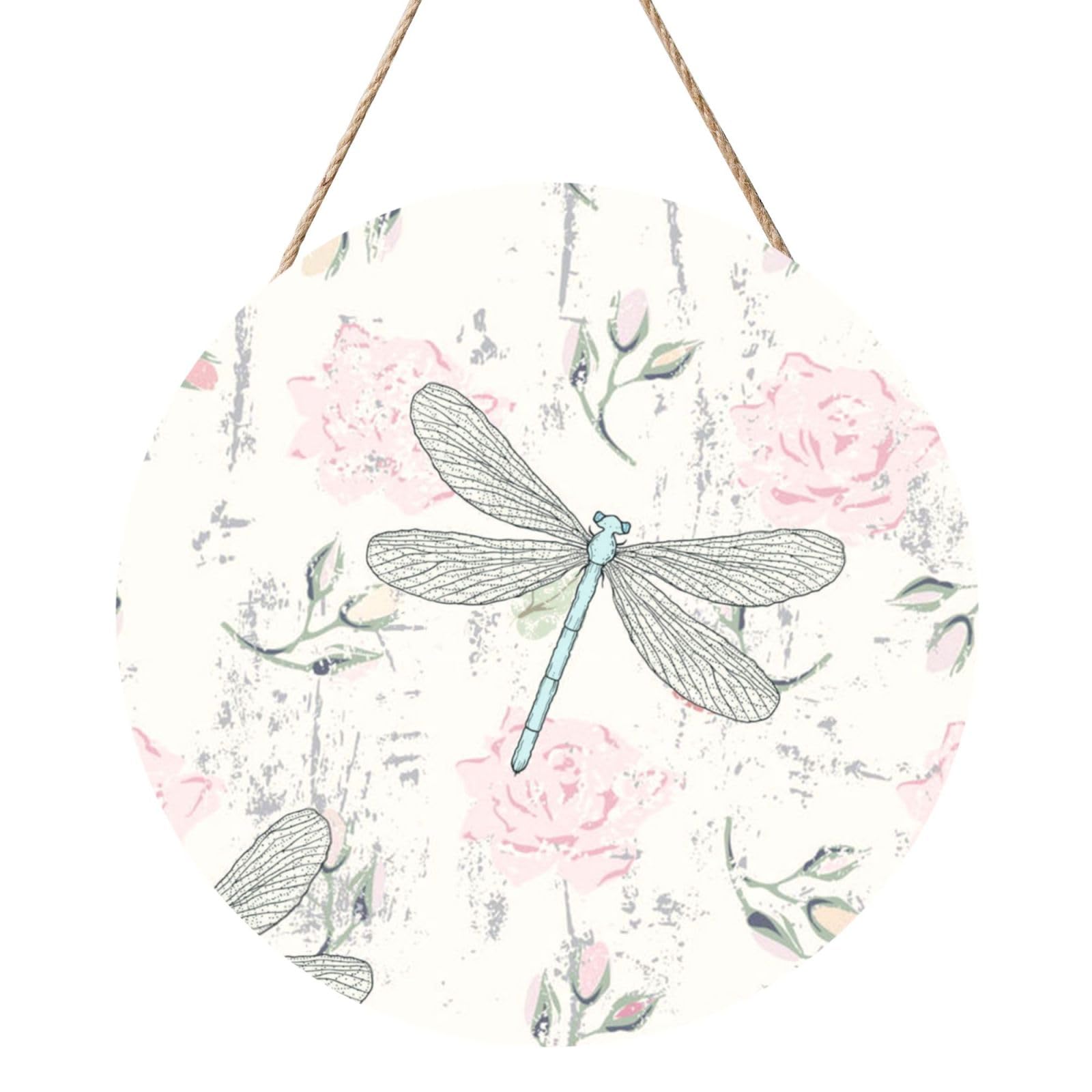 InOmak Dragonfly Shabby Chic Roses Worn Old Vintage Floral, Round Wood Panel Painting 12 in, Wall Hanging Painting For Home
