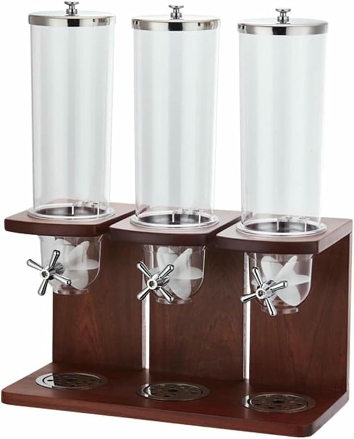 Easy Clean Cereal Dispenser,Triple Canister Dry-Food Dispenser,Countertop Cereal Storage Dispenser with PC Barrel & Wooden Base for Rice