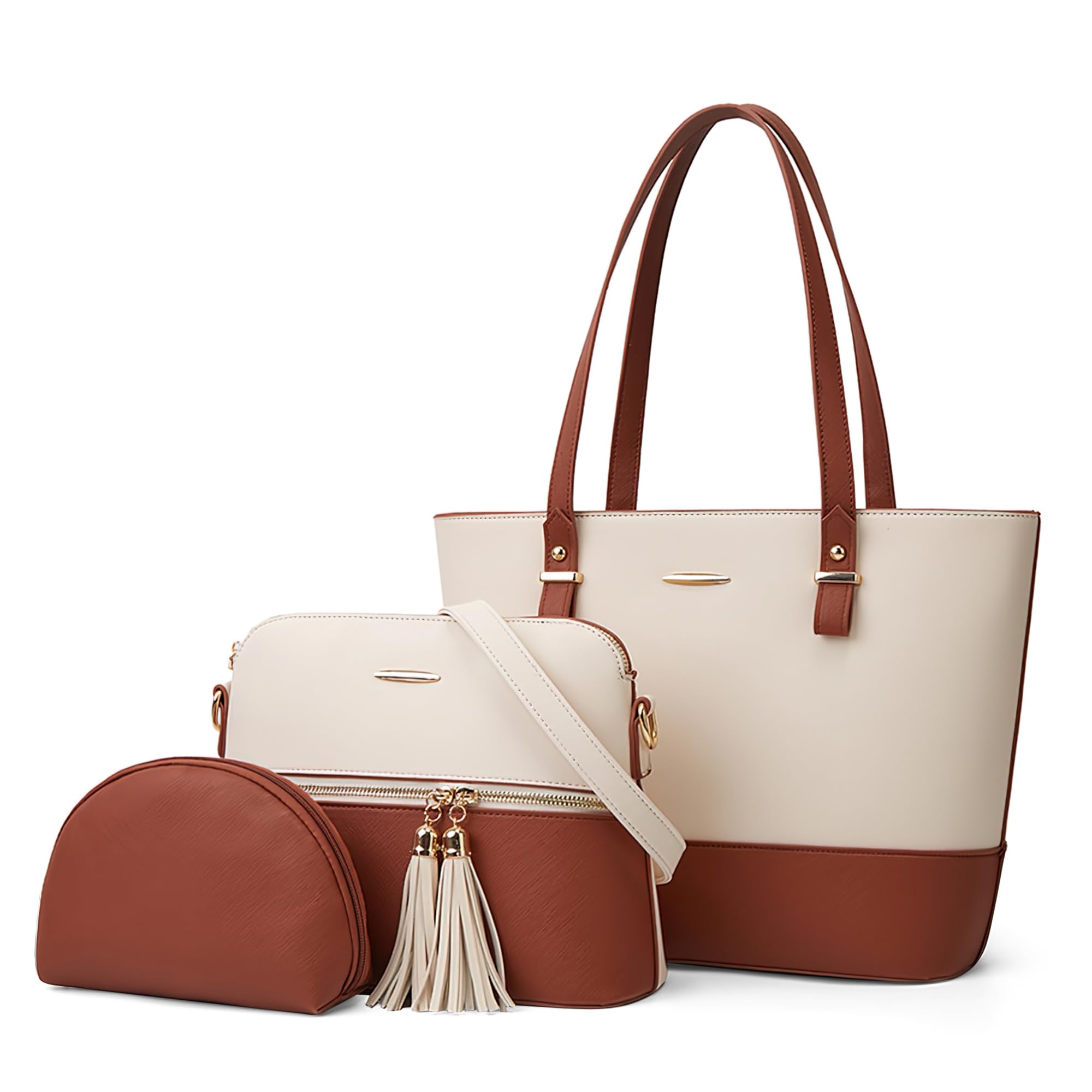Damen Handtaschen Set 3-teilig, Elegante Shopper Tasche PU Leder mit Umhängetasche und Kosmetiktasche, Große Schultertasche für Arbeit, Freizeit, Shopping und Reise Weiß mit Braun
