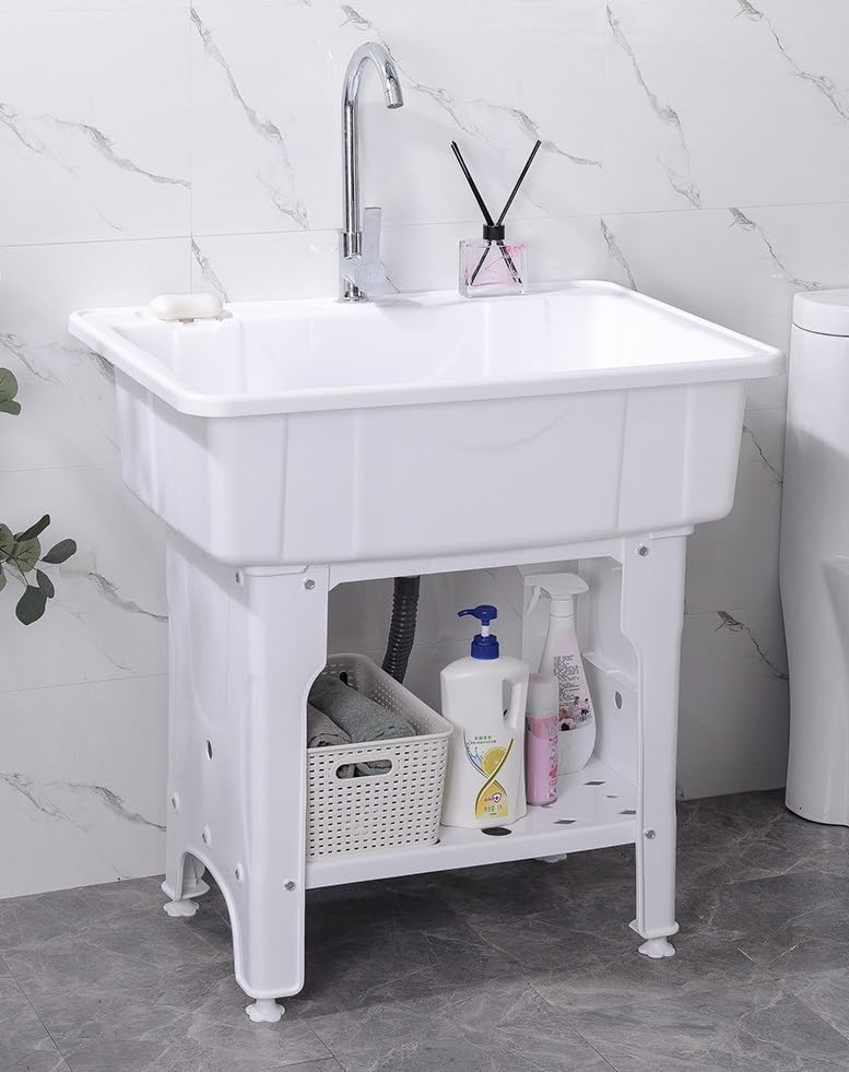 Miniatura 2 de Fregadero de lavandería con grifo frío y caliente, fregadero de plástico para jardín, mangueras de bañera de lavandería independientes y kit de