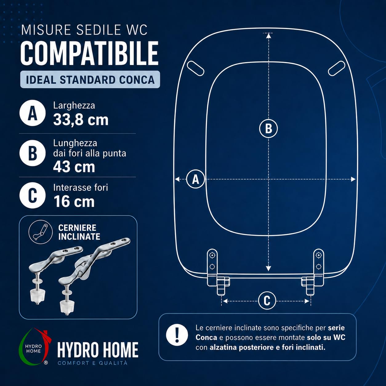 Copriwater compatibile Conca Ideal Standard Visone solo per WC con cerniere inclinate 45° – Sedile WC in legno rivestito in resina poliestere lucida