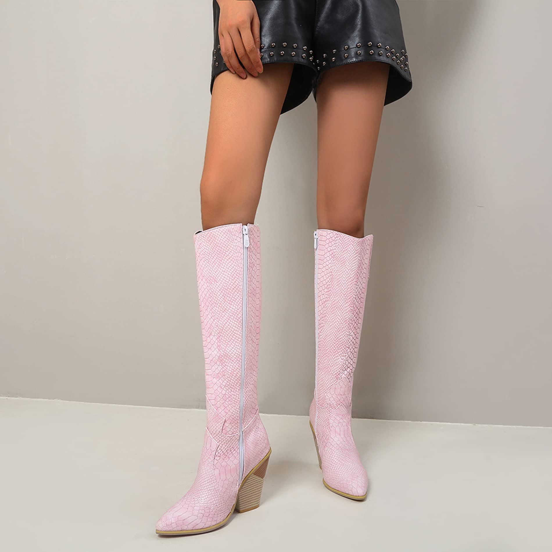 Stivali Alti Tacco Western Donna, Stivali da Cowboy Moda Zip Stivali Alti Tacco Alto Appuntito Stivali Invernali, Numero 34-48