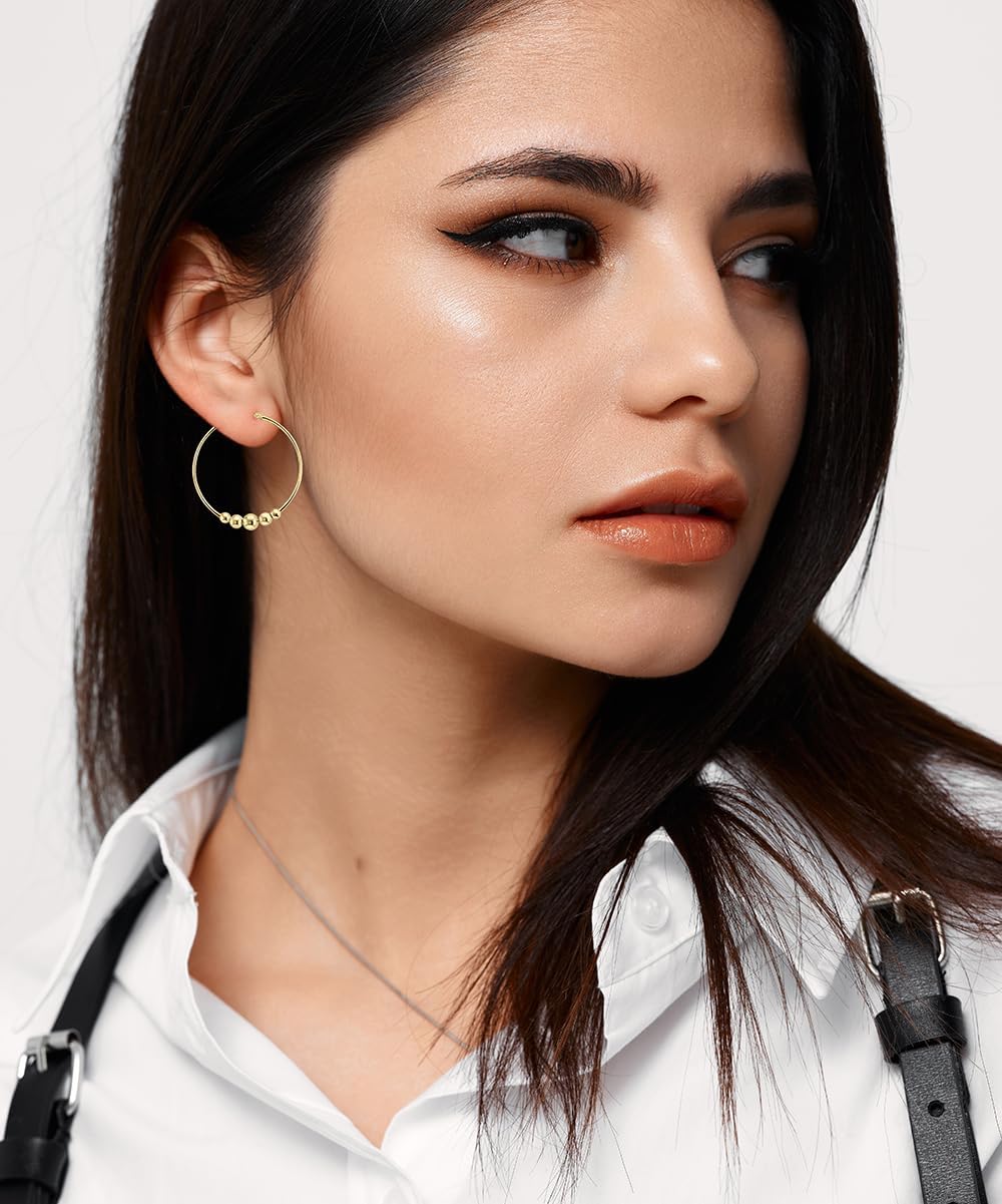 Hoops & Loops 925 Sterling Silver 44mm (1 3/4 inch) Round Click-Top High Polished Hammered Beads Hoop Earrings for Women, Silver,Yellow, Rose Gold