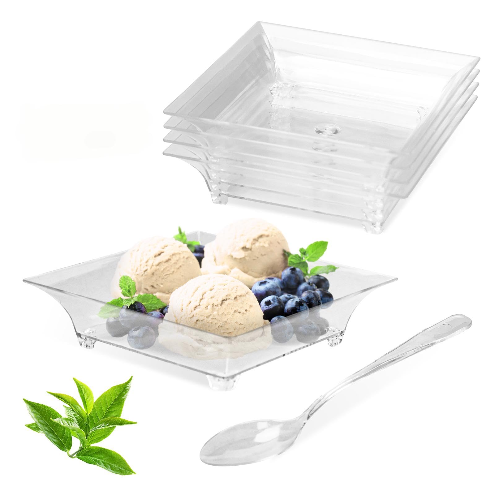 piopiocoing 100 Pack 1 oz mini Square Dessert Plates for Appetizers?Mini Plastic Plates with Spoons?Reusable Square Small Party Serving Bowls for Trifle, Cheesecake, Ice cream