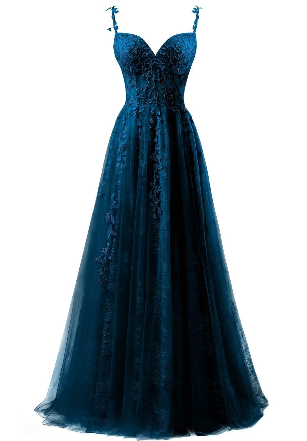 Kiyne Women's Navy Blue Spaghetti Strap Prom Dresses For With Slit Lace Applique V Neck Tulle Formal Dress Evening Gown Uk8