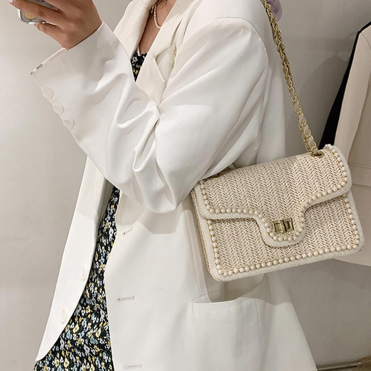 Women Shoulder Bag, Flap Crossbody Bag for Girls Stylish Evening Purse with Pearls Decor