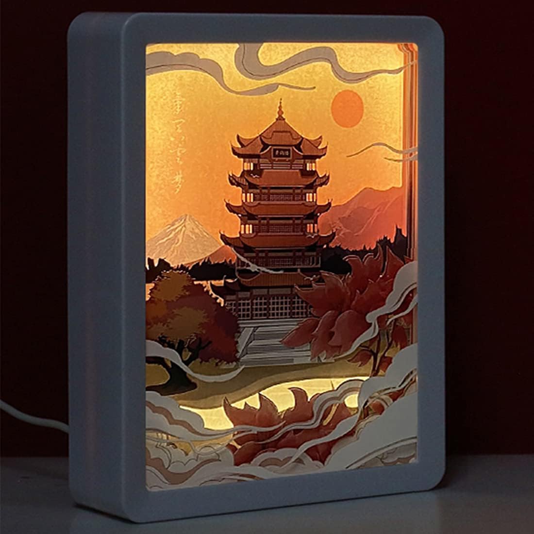 3D Paper Carving Lamp Papercut Light Box,Night Light,Yellow Crane Tower,Artwork for Decoration,Paper Art (White)