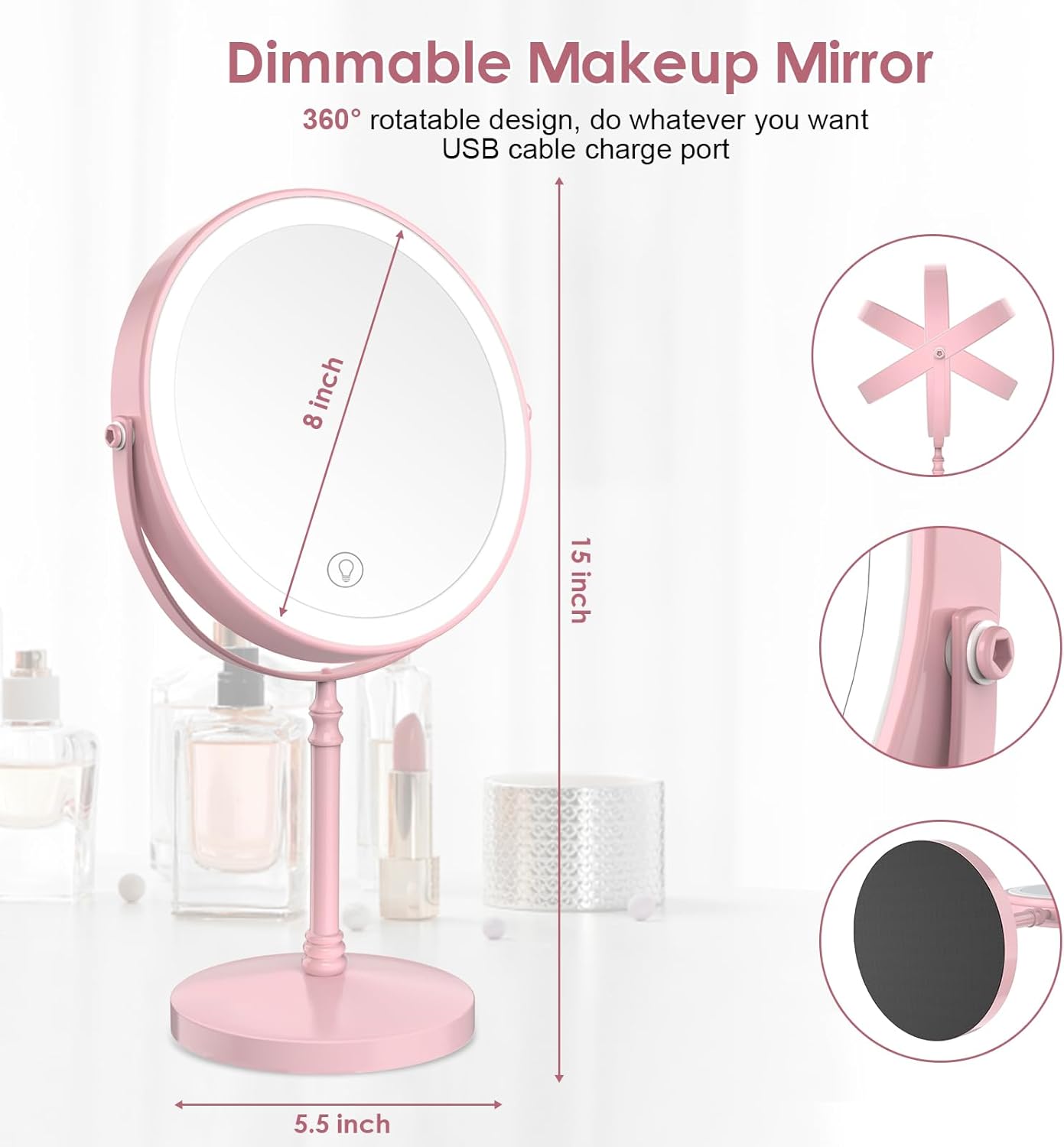 DEIOVWXS Makeup Mirror, 3000mAh Rechargeable Double-Sided Magnifying Vanity Mirror with 3 Colors, 1X/10X, Adjustable Brightness, Gifts for Mom, Mothers Day, Women, Wife, Girls, Dorm Room Essential thumbnail