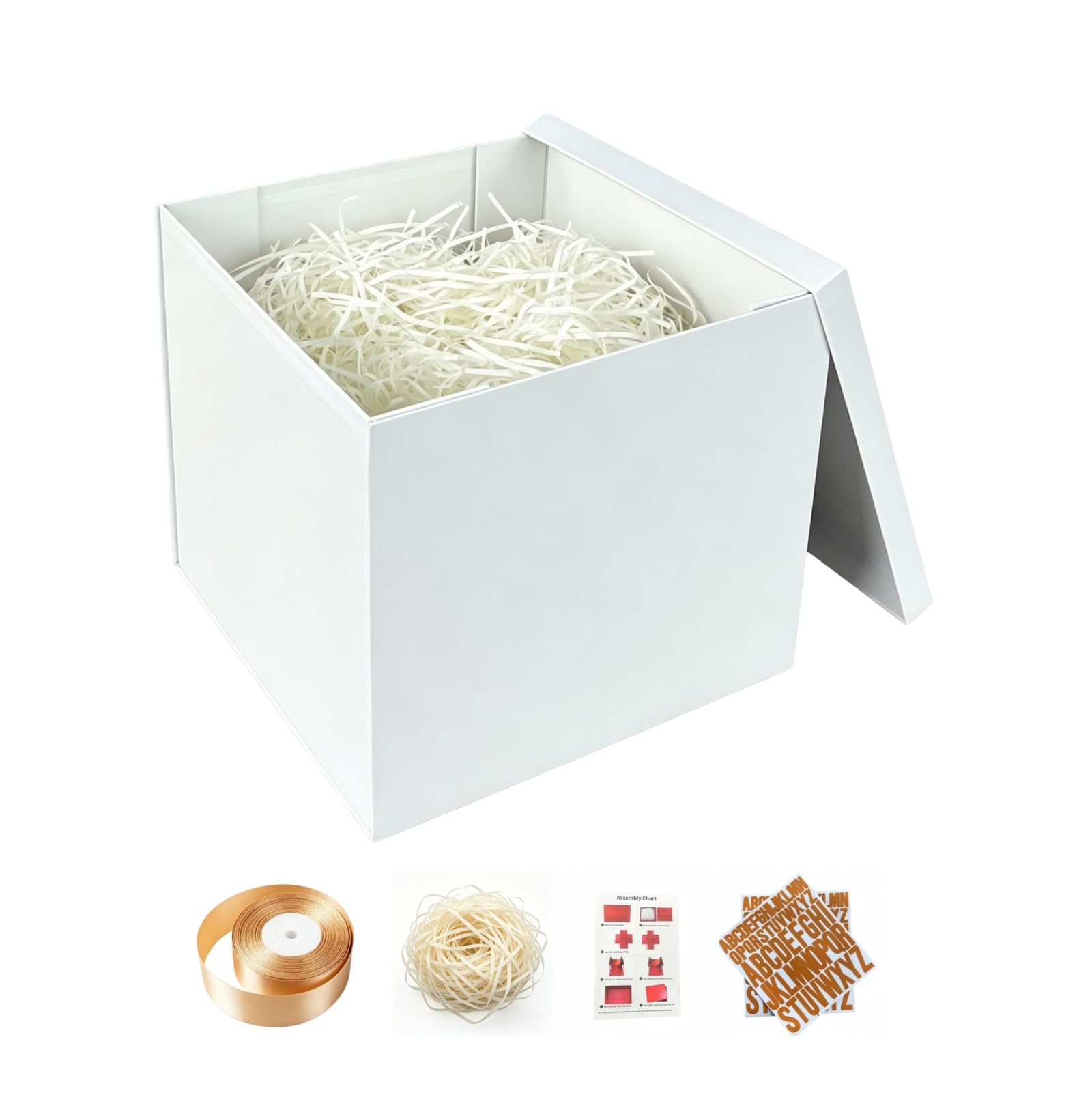 PACKGILO Lot de 2 boîtes cadeaux blanches avec couvercles pour cadeaux, boîtes d'anniversaire avec papier froissé, ruban, autocollants de l'alphabet - 25,4 x 25,4 x 20,3 cm