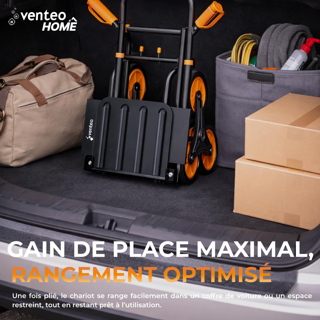 Venteo | Chariot Pliable Monte Escalier | Diable de Transport avec Plateforme Antidérapante | Diable Pliant à Roues Triples | Forte Capacité de Charge et Rangement Optimisé | Colis de Déménagement