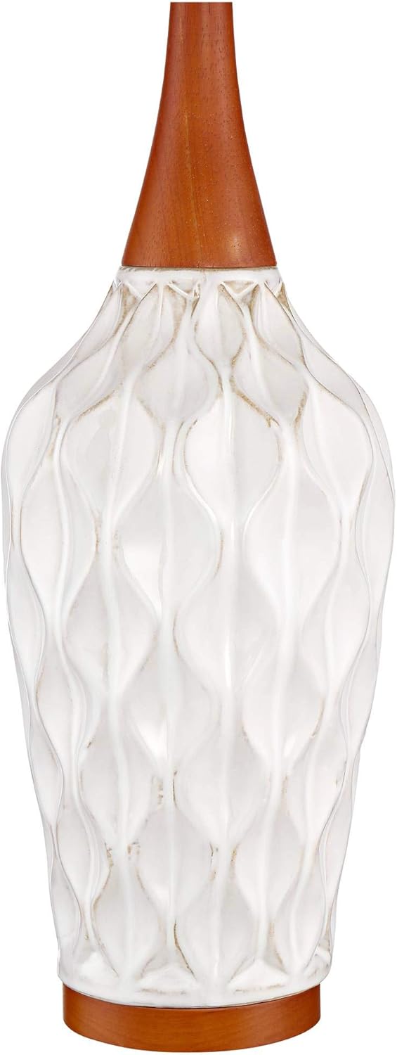 360 Lighting Rocco Mid Century Modern 3-Way Table Lamp with Dimmer 30" Tall White Geometric Ceramic Oak Wood Tan Fabric Drum Shade for Bedroom Living Room Bedside Nightstand House