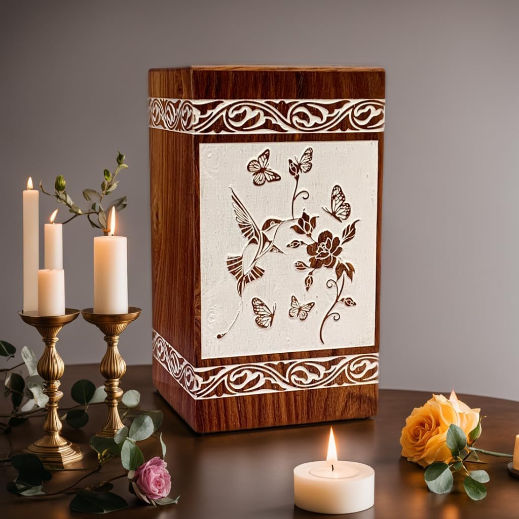 Wooden urn box for ashes Humming bird Wooden Box Cremation Urn for Ashes Handcrafted Large Wooden Urn Box Tree of life urn (X-Large - 14"Hx7.5"W (640 Cu/In), Rosewood White)