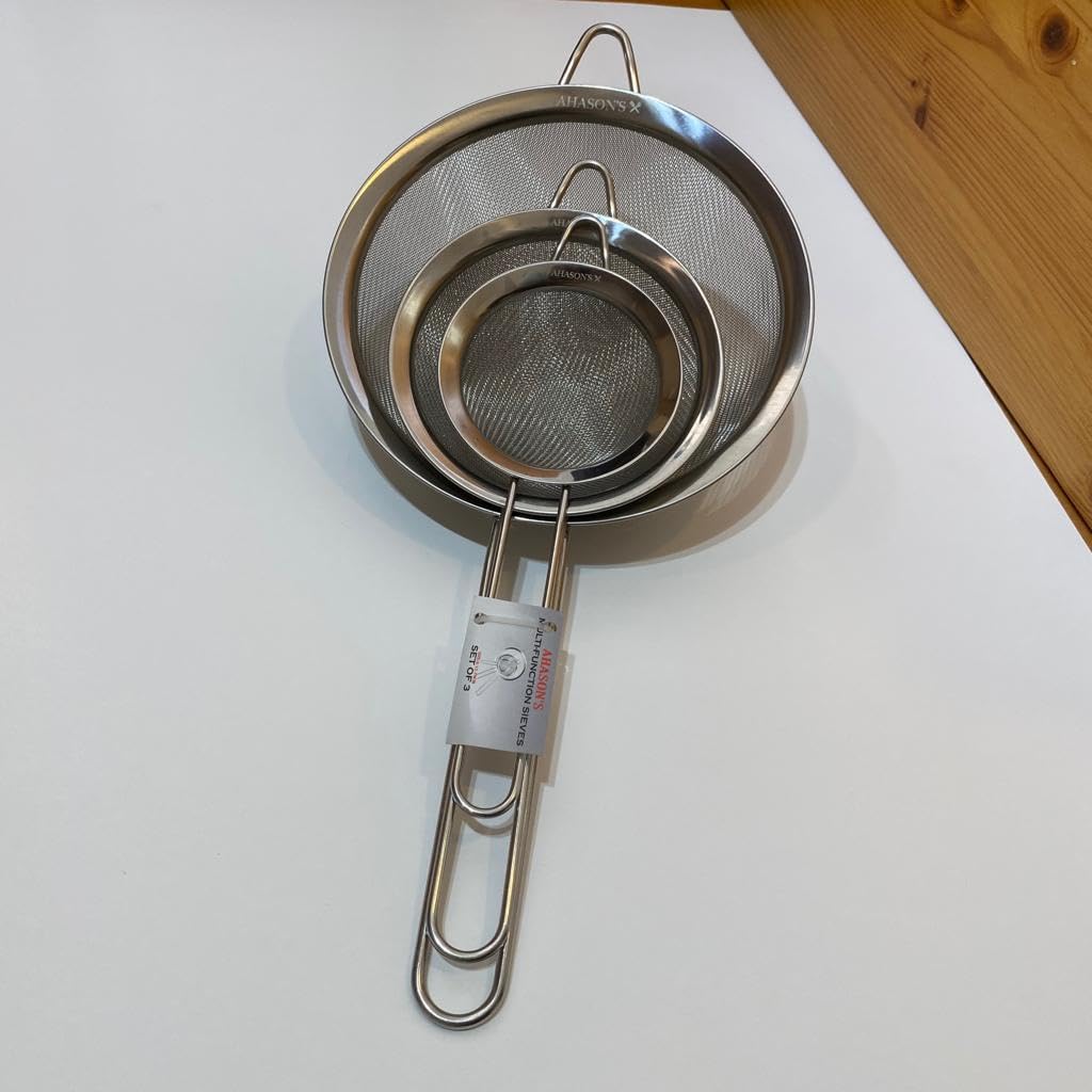 AHASON'S Juego de 3 coladores de malla fina de acero inoxidable 201ss con mango largo, tamaño pequeño 8 cm - mediano 12 cm - grande 18 cm, libre de óxido y sin bordes afilados (acero inoxidable)