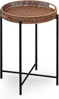 DINGTAI Small Wicker Round End Table, 16.5 in Rattan End Tables with Removable Tray, Waterproof Sofa Coffee Side Table, Indoor Outdoor Side Tables for Patio, Living Room Bedroom Office