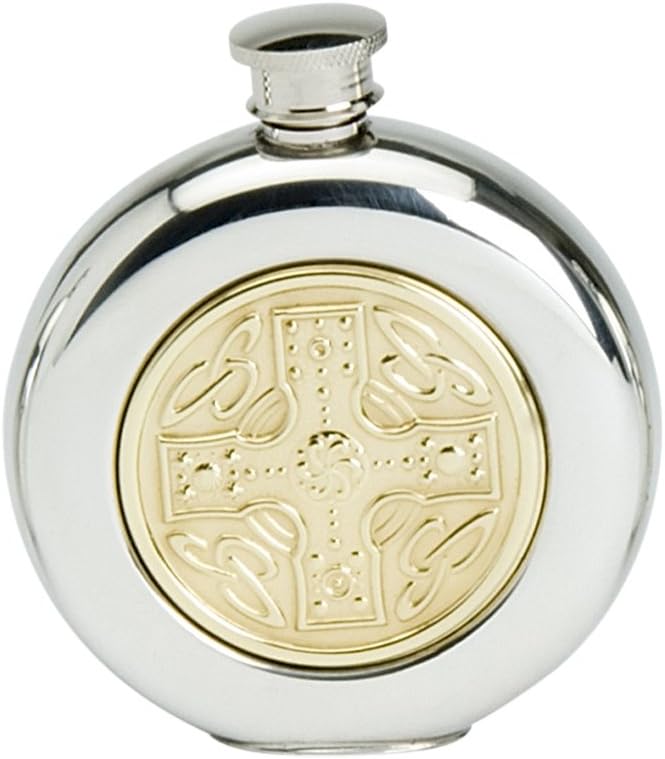 Edwin Blyde & Co Spirit Flask – Round Shape With Brass Celtic Cross Inlay Design, 6 oz, Pewter, 14 x 10 x 4 cm