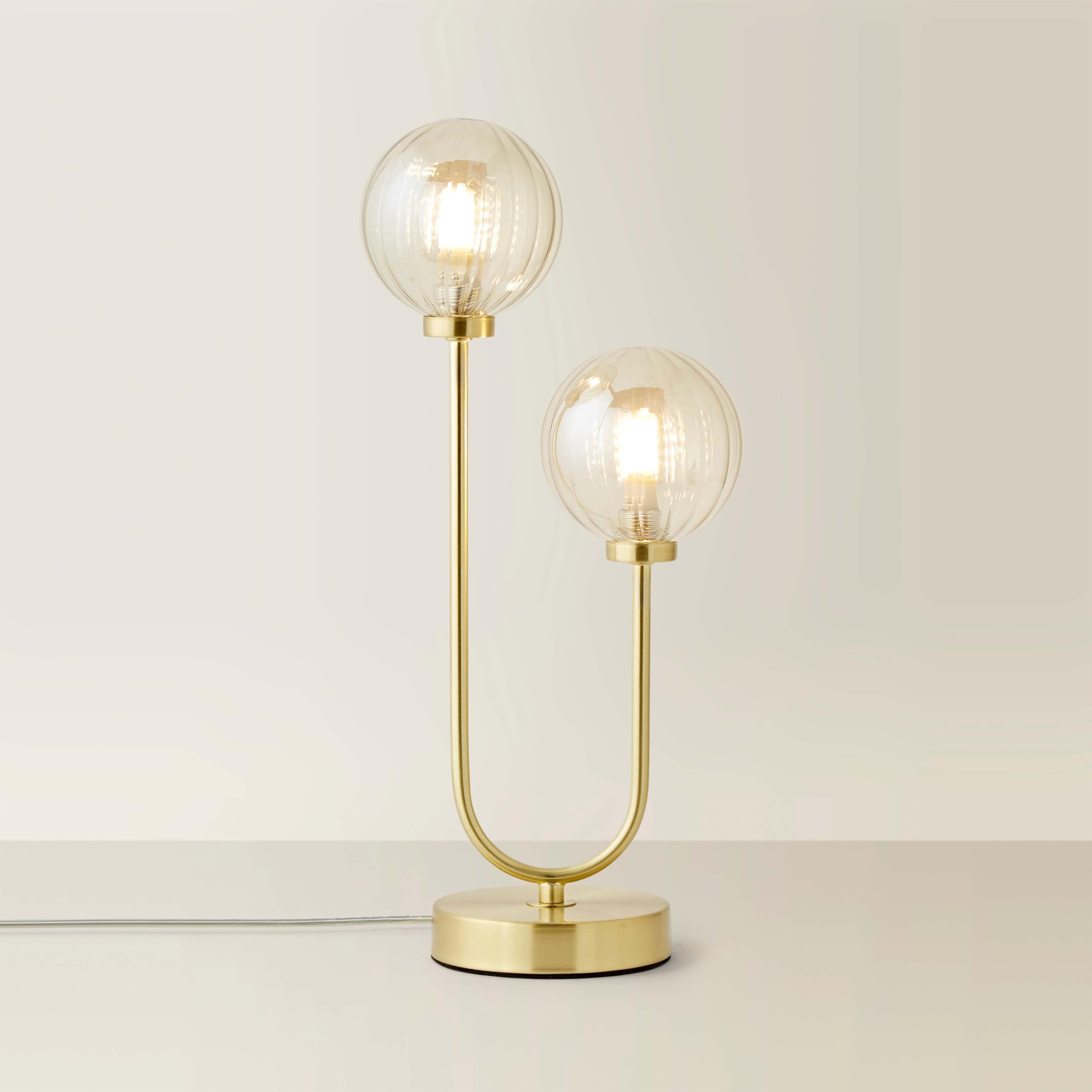 Valuelights Chessy Gold Metal Bar 2 Way Dual Table Lamp With Amber Ribbed Glass Globe Shades