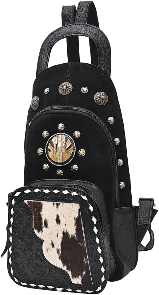 American Darling Sling Bag for Women, Hand Tooled Floral Leather & Genuine Suede, Hair-on Cowhide with Conchos, Western Backpack