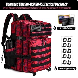 Military Tactical Backpack 45L Large Tactical Backpack for Men, Hiking Rucksack With Bottle Holder (Red Cp)
