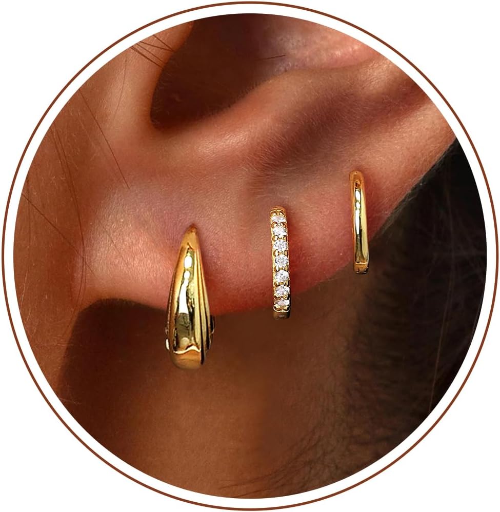 Gold Hoop Earrings Set for Women, 14K Small Huggie Earring for Multiple Piercing Hypoallergenic Trendy Jewelry, Dainty Ball Cartilage Earings for Women's Mother Gifts