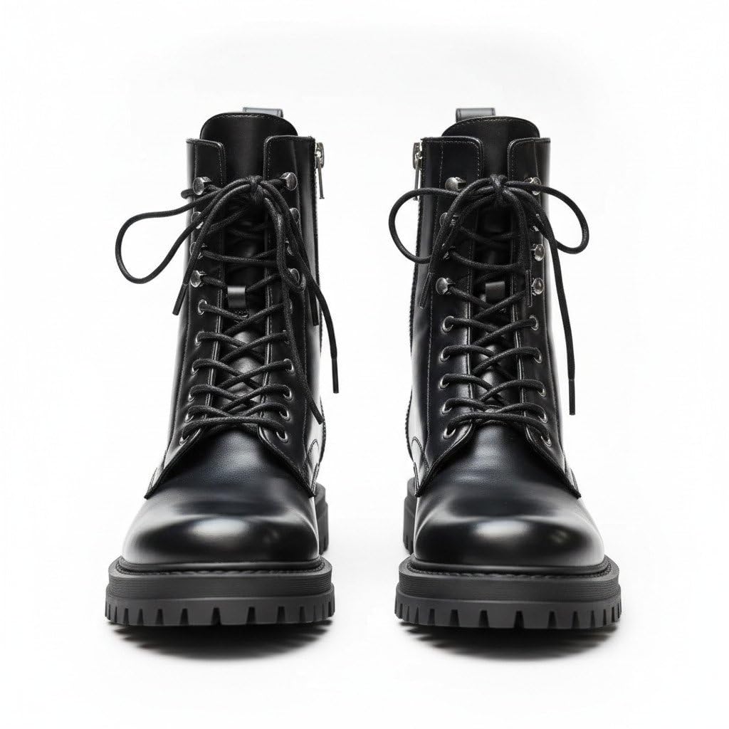 Men's Black Leather Combat Boots | Premium Handmade Lace-Up Boots with Side Zip | Chunky Lug Sole Biker & Military Style Boots for Men-image-20