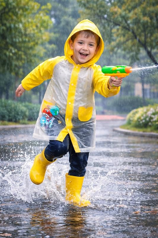 Image of Kids Waterproof Long Raincoat for Boys & Girls | Lightweight Hooded Rainwear with Pockets | Full-Length Rain Coat for School, Travel & Outdoor Use