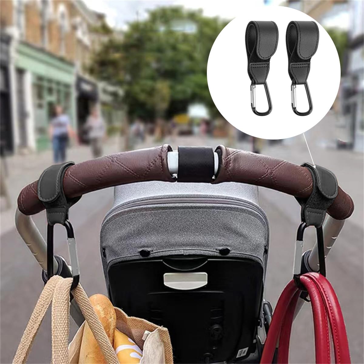 DUZEPA 2 PCS Hook Clips,Pram Metal Hook, Pram Bag Holder Leather,Universal Hooks for Portable Electric Vehicles - Image 4