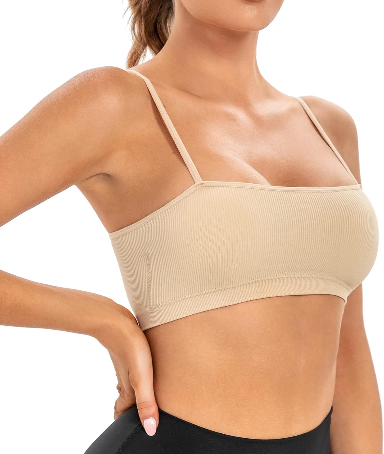 INIBUD Sports Bras for Women Bandeau Padded Ribbed Bralette Adjustable Strap Workout Square Neck Seamless Crop Top Backless - Image 4