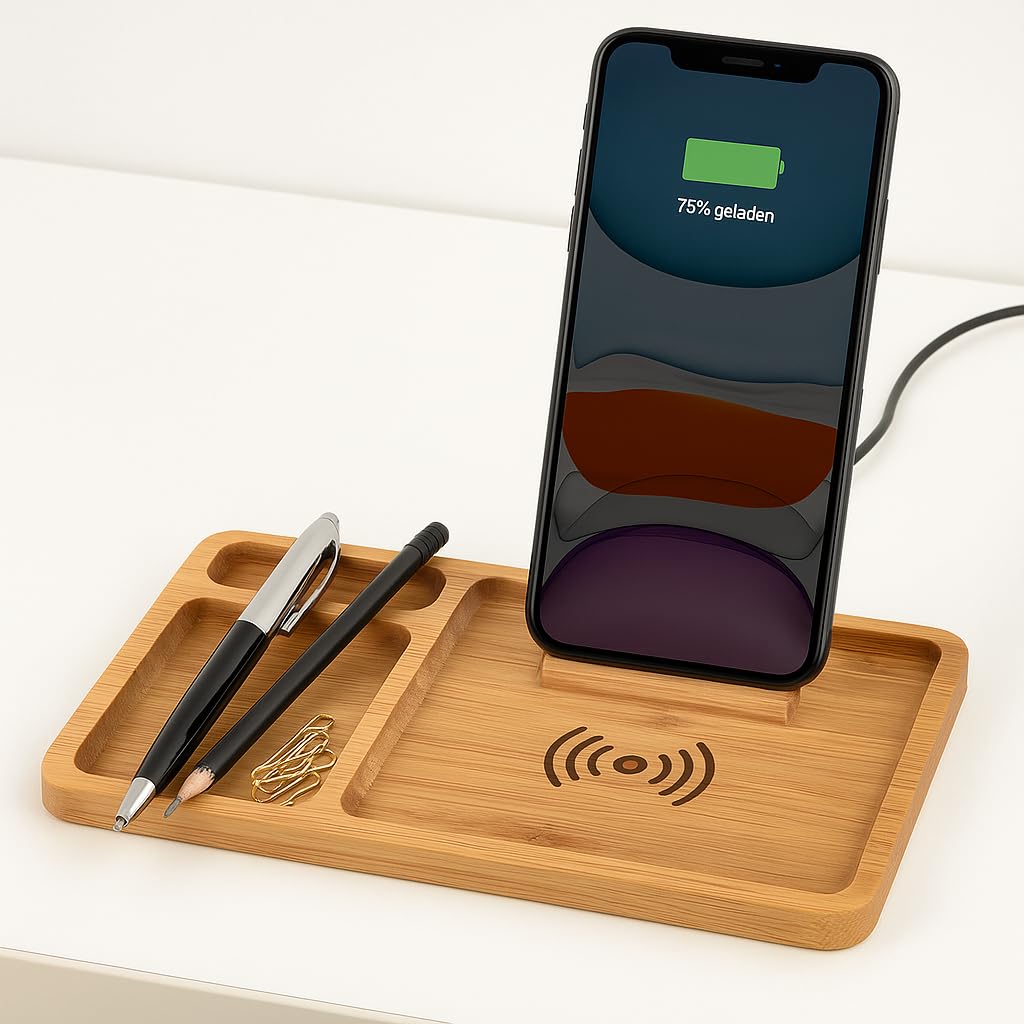 Organiseur de bureau durable avec station de charge inductive en bambou et ABS - Avec câble de charge USB de 80 cm - Chargement sans fil pour smartphones Android et iOS - Chargeur sans fil 5 W