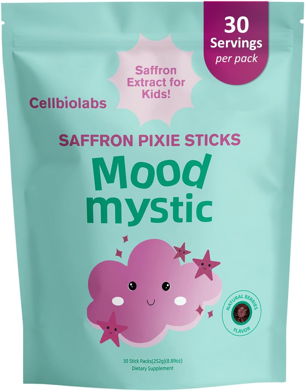 Saffron for Kids – Natural Mood Magic Pixie Stick Powder with Saffron Extract, Magnesium Citrate, L-Tryptophan & Vitamin D3 | Sugar-Free Fruity Drink Mix | 30 Sticks | Ages 4+