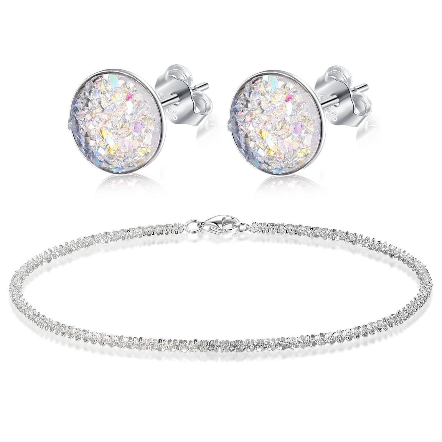 EVERUSterling Silver Shiny 9inch Chain and White Stud Earrings