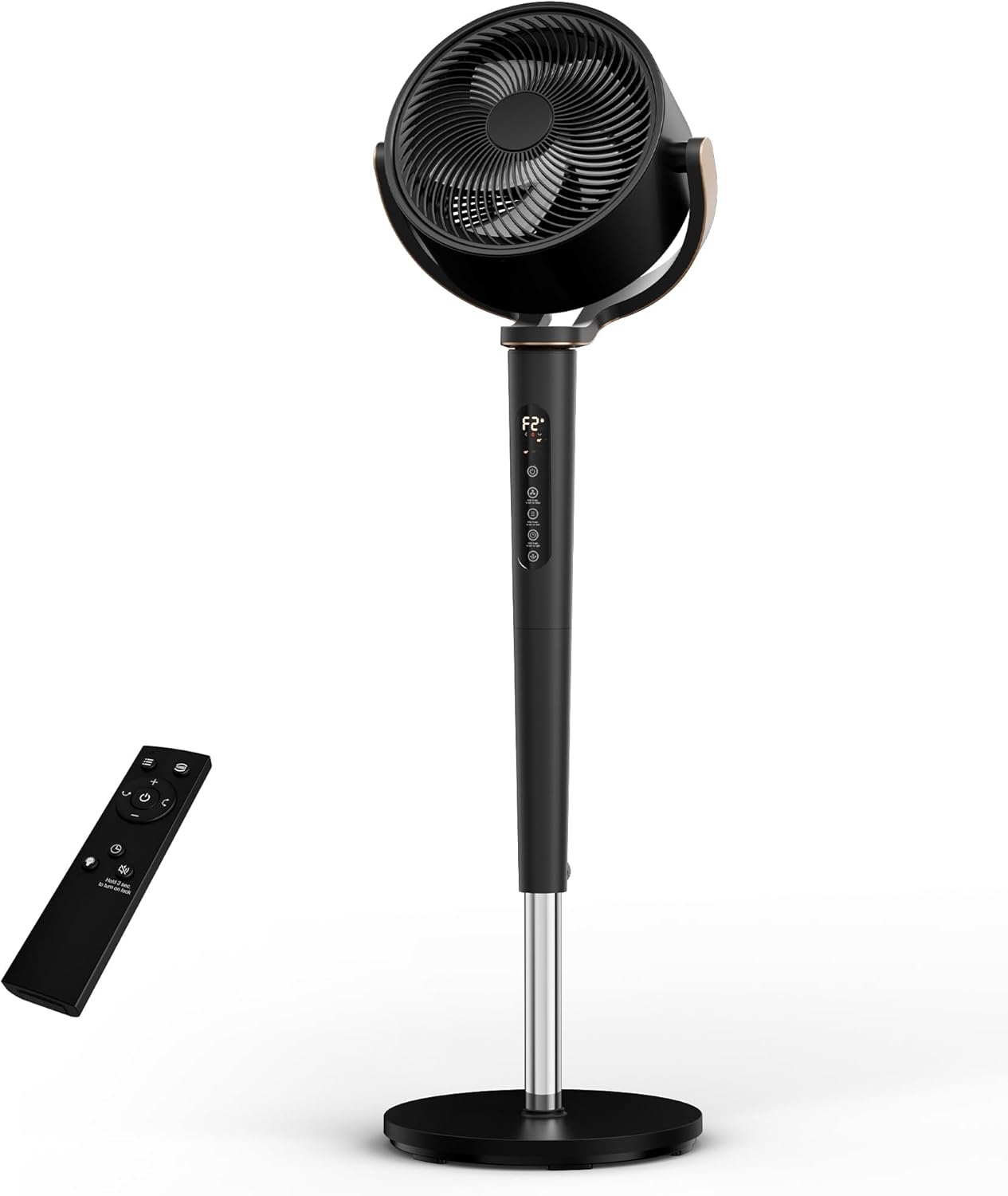 Uthfy Fan for Bedroom, 120°+120° Full-Automatic Oscillating Fans, 100ft DC Motor, 16 Speeds, 4 Modes, 38-46”Height Adjustable, Quiet Standing Fan wit Remote, 12H Timer for Bedroom, Black