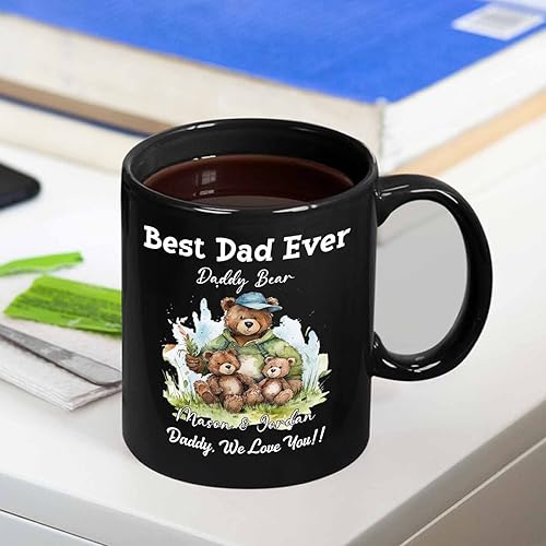 Miniatura 4 de Personalized Daddy Black Ceramic Coffee Mug 11 Oz 15 Oz, Best Dad Ever With 2 Babies Coffee Cup, Customized Name Daddy Bear Mug Gift For Father's