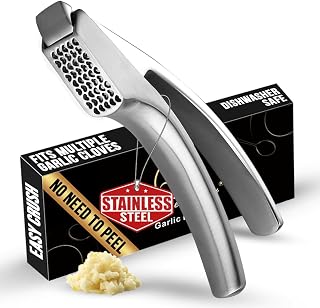 GourmetEasy No-Peel Garlic Press: Stainless Steel Detachable Handle, Coarse Mincer, Rust-Proof, Dishwasher Safe, Lifetime Replacement